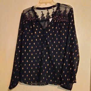 Bila Blouse Black with Gold Embroidery Designs, Long Sleeve Size M